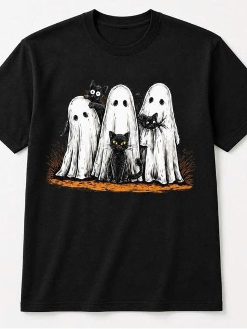 Tee with Ghosts and Black Cats Halloween Graphic